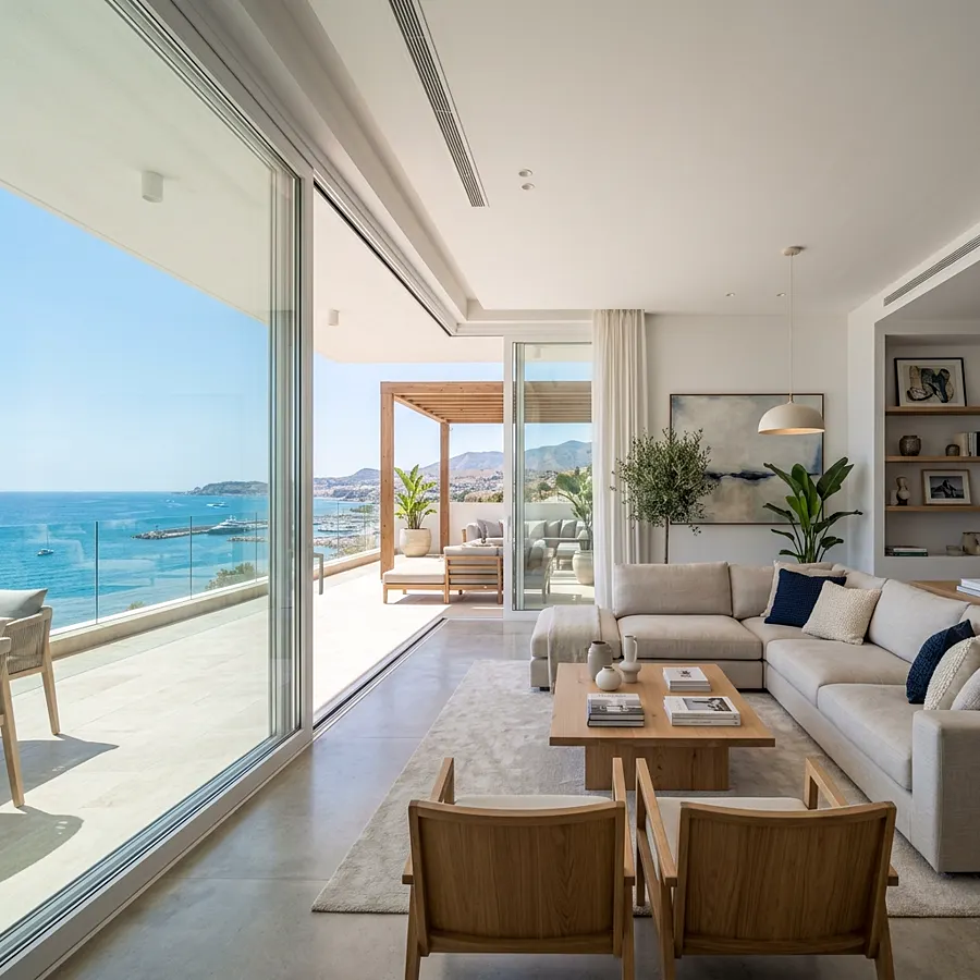Salón con ventanal corredero de aluminio abierto a una terraza con vistas al mar